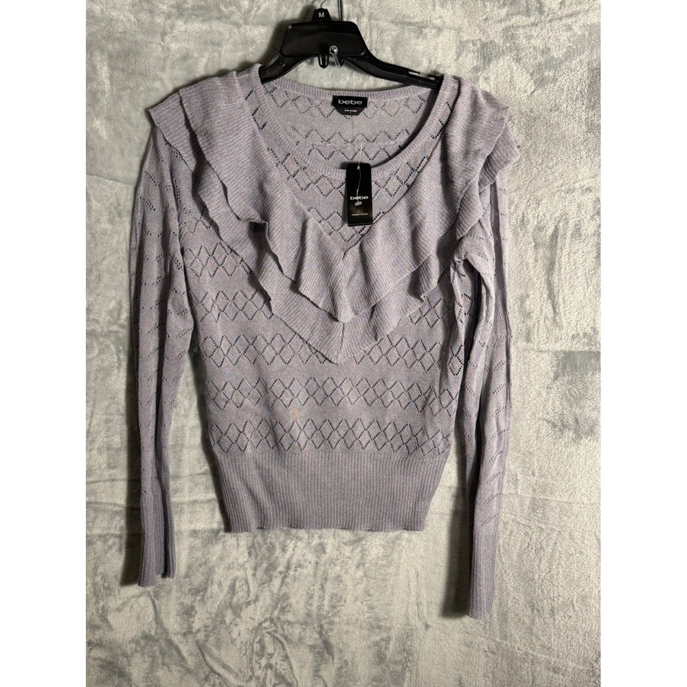 Bebe Silver Ruffle Diamond Knit‎ Long Sleeve Sweater Top L NEW